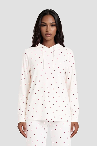 Long Sleeve Ladybug Print Hoodie Pajama Top - White