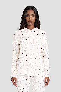 Long Sleeve Ladybug Print Hoodie Pajama Top - White