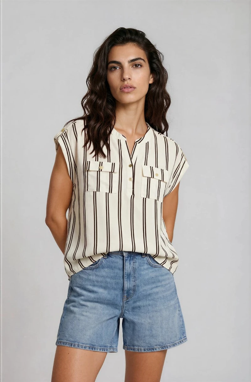 Cap-Sleeve Top with Front Pockets - Cream