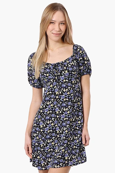 Beechers Brook Floral U Neck Short Sleeve Day Dress - Black