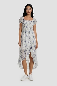 Puff Sleeve Printed Chiffon Dress