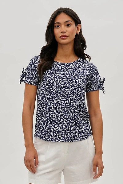 Floral Tie Sleeve Tee - Navy