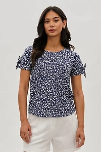 Floral Tie Sleeve Tee - Navy