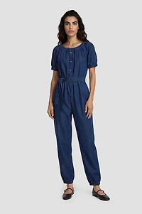 Short Sleeve Denim Jumpsuit - Blue