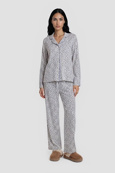 Flower Print Long Pajama Pants - White