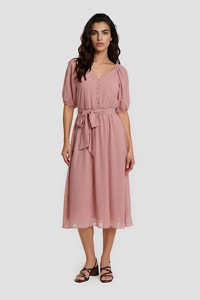 Puff Sleeve Tie-Up Midi Dress - Pink