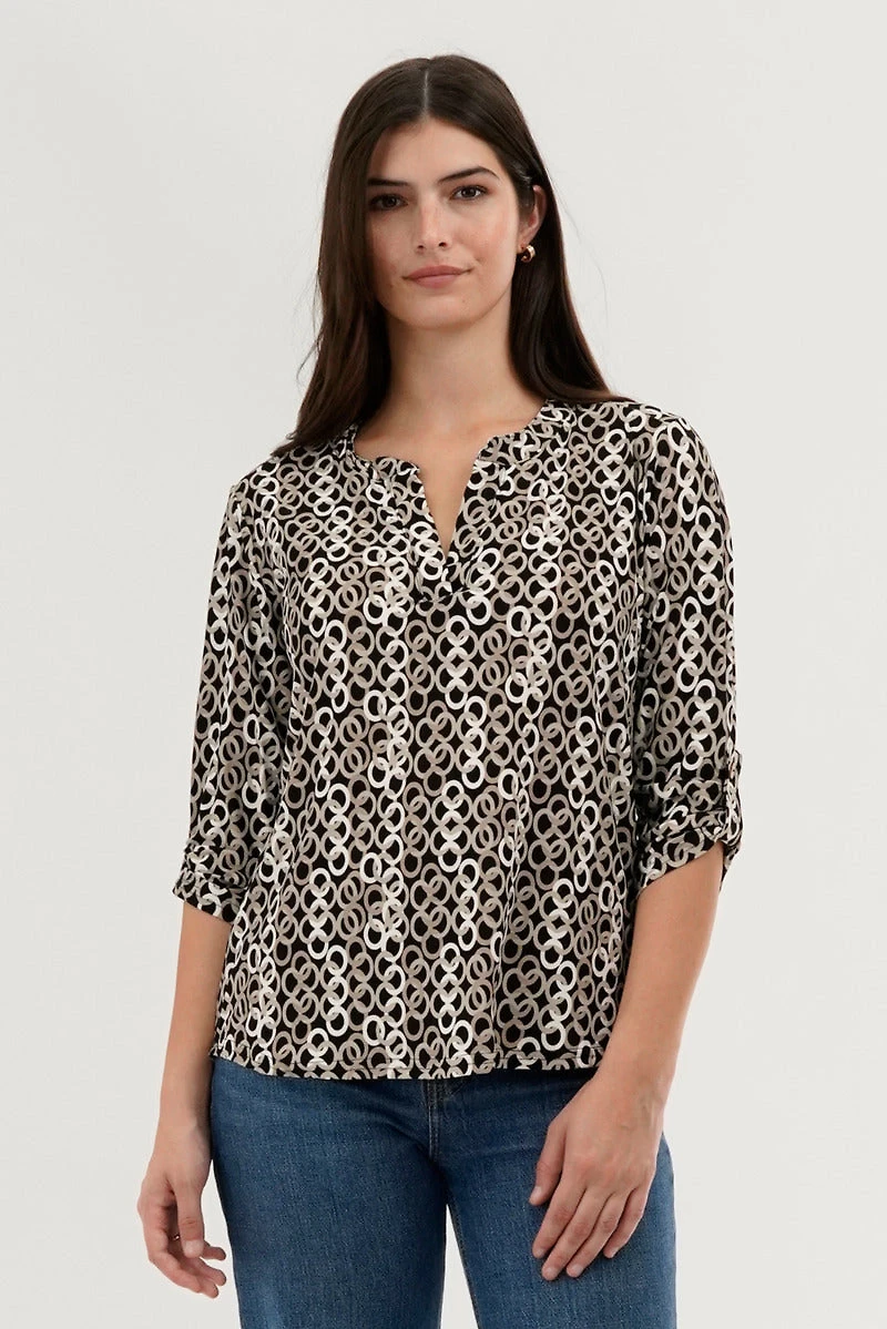 Beechers Brook Patterned Split Neck Blouse - Black