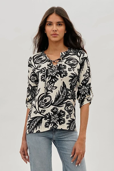 International INC Company Floral Lace Up Blouse - Black