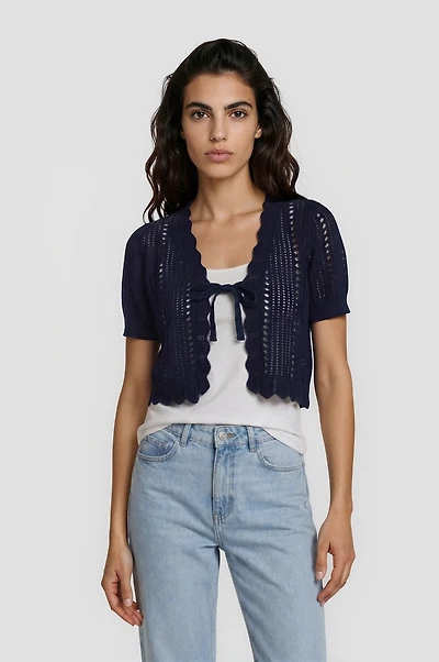 Short Sleeve Front Tie Shrug - Navy