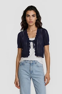 Short Sleeve Front Tie Shrug - Navy