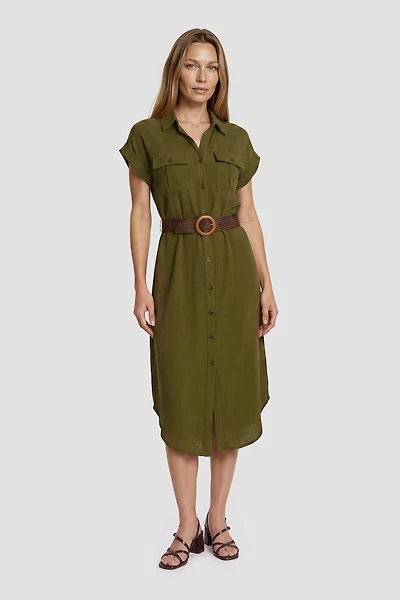 Short Sleeve Button-Up Day Dress With Belt