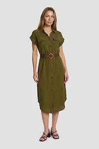 Short Sleeve Button-Up Day Dress With Belt