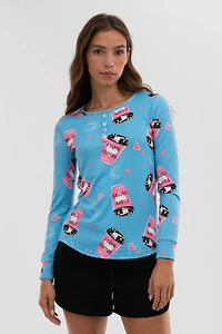 Canada Weather Gear Coffee Print Henley Pajama Top - Blue