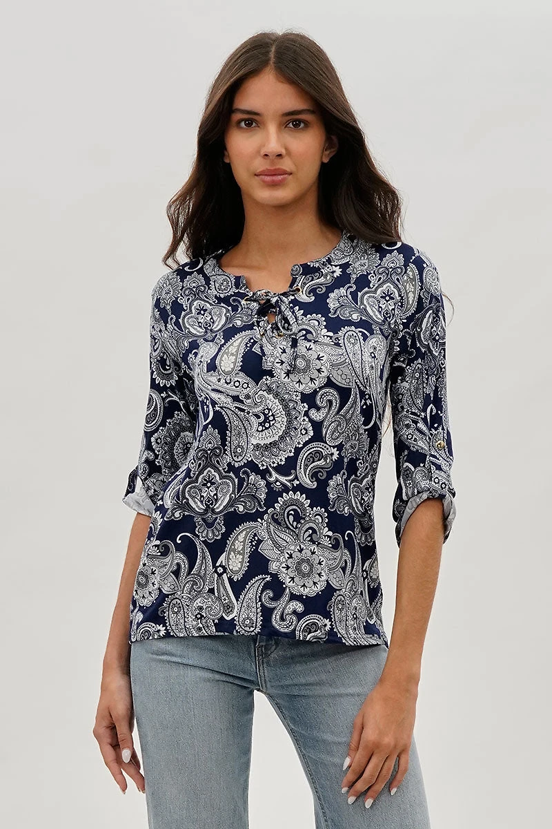 International INC Company Paisley Print Lace Up Blouse - Navy