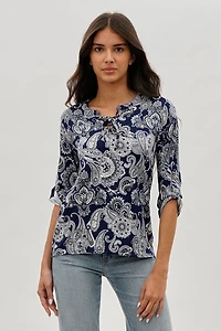 International INC Company Paisley Print Lace Up Blouse - Navy