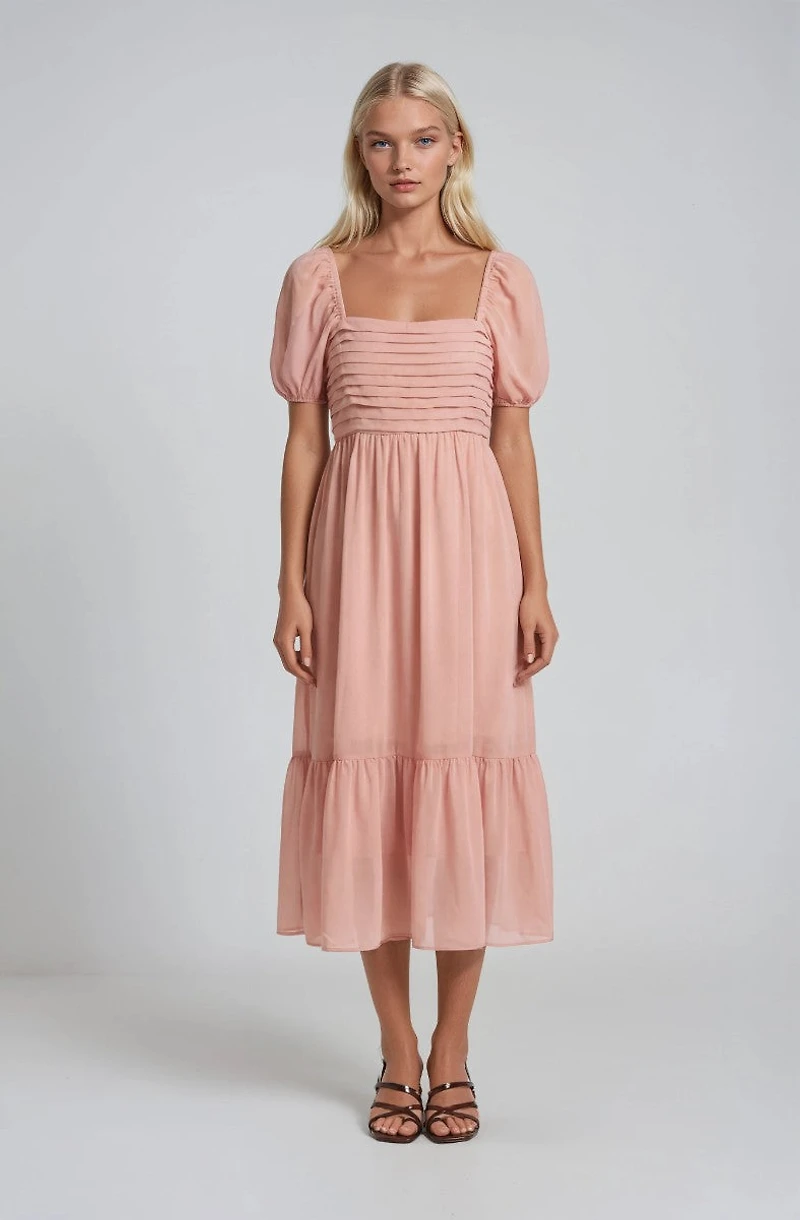 Pleated Puff Sleeve Dress