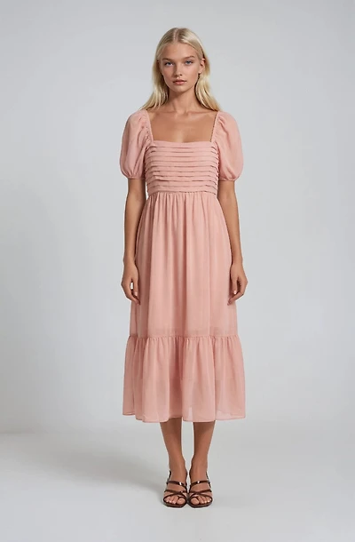 Pleated Puff Sleeve Dress