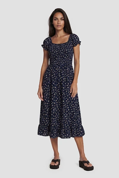 Short Sleeve Square Neck Day Dress - Navy