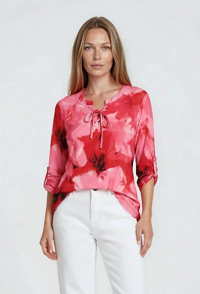 Printed Lace Up Blouse - Pink