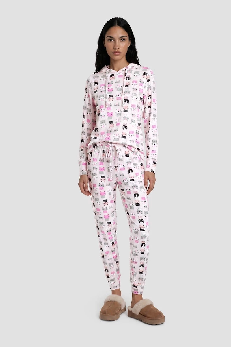 Cat Print Jogger Pajama Pants - Pink