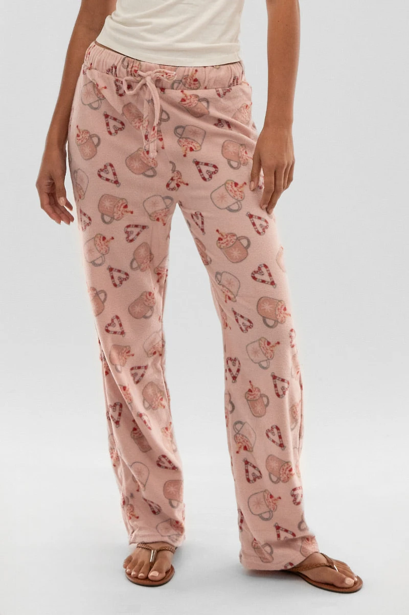 Festive Print Wide Leg Pajama Pants - Pink