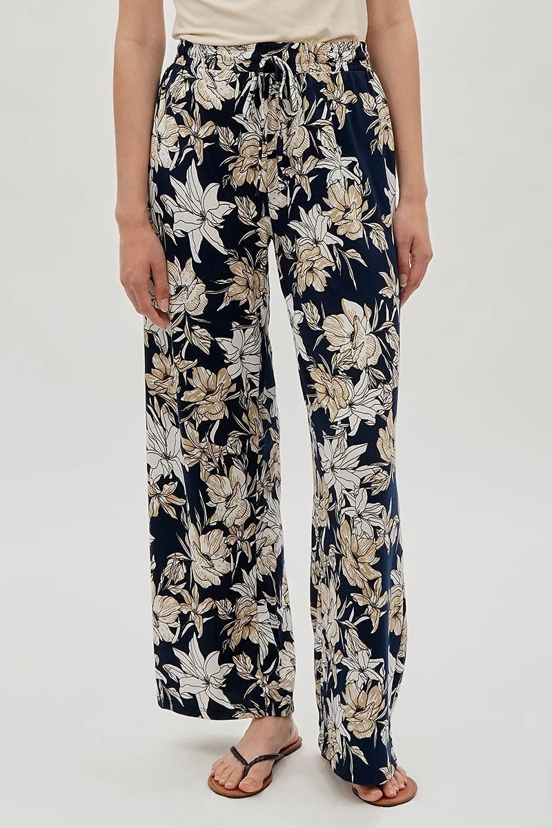 Floral Wide Leg Pants - Navy