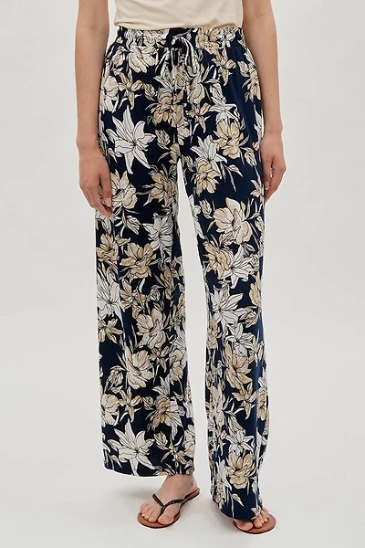 Floral Wide Leg Pants - Navy