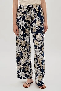 Floral Wide Leg Pants - Navy