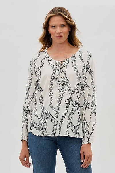Beechers Brook Chain Print Lace Up Blouse - White