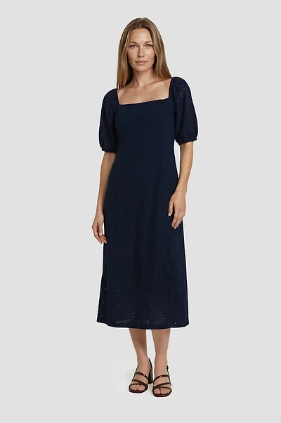 Puff Sleeve Smock Midi Dress - Navy