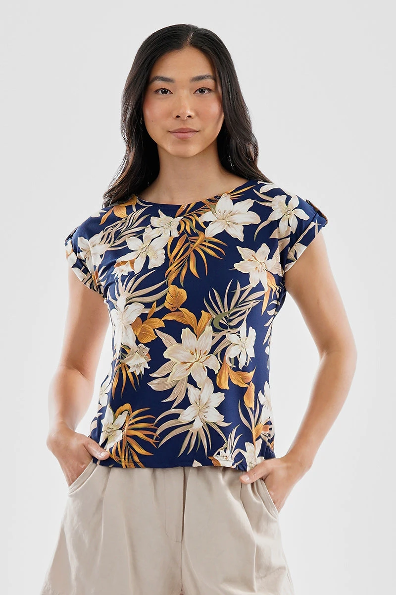 Beechers Brook Floral Cap Sleeve Back Slit Tee - Navy
