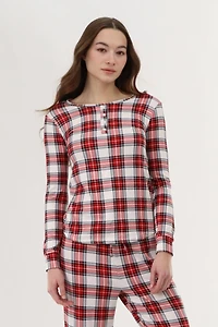 Long Sleeve Plaid Pajama Top - White