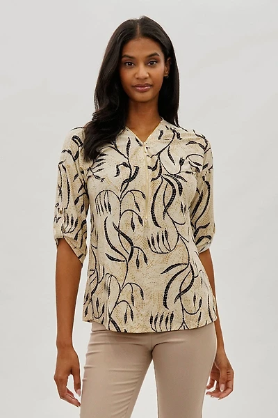 Beechers Brook Patterned Half Zip Blouse - Beige