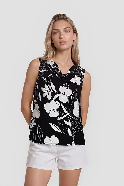 Flower Print Sleeveless Top - Black