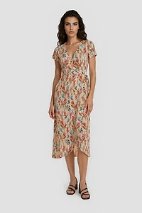 Short Sleeve Wrap Midi Dress - Multi
