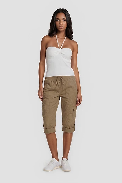 Tie-Up Capris With Cuffed Hems - Stone
