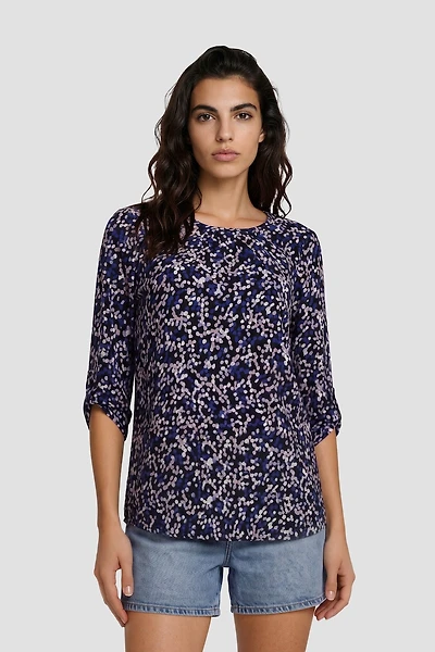 Boat Neck Flower Print Shirt - Navy