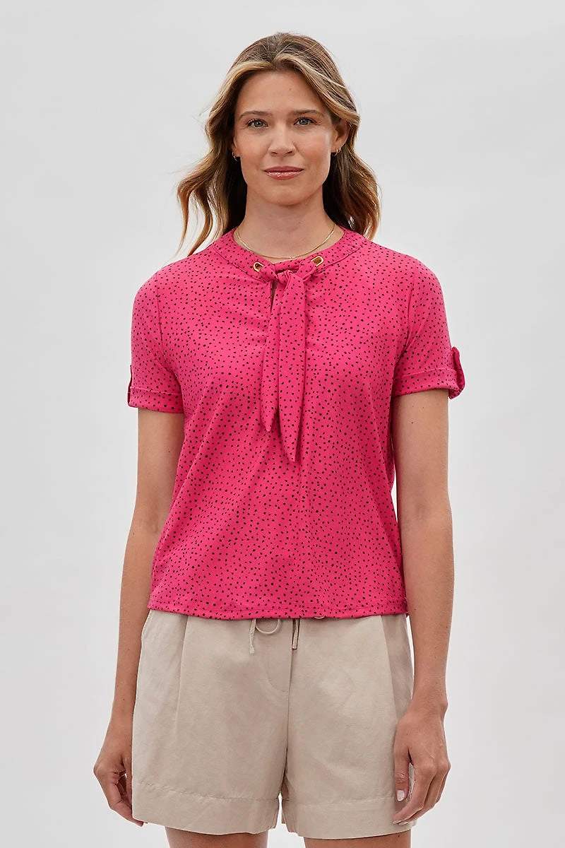 Beechers Brook Polka Dot Tie-Neck Short Sleeve Blouse - Pink