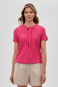 Beechers Brook Polka Dot Tie-Neck Short Sleeve Blouse - Pink