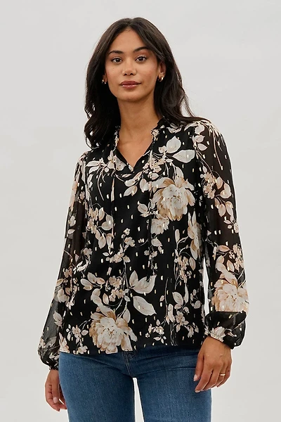 Beechers Brook Floral Tie-Neck Long Sleeve Blouse