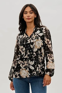 Beechers Brook Floral Tie-Neck Long Sleeve Blouse
