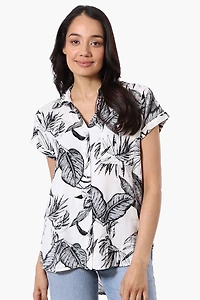 Majora Leaf Pattern Camp Collar Button Up Shirt - White