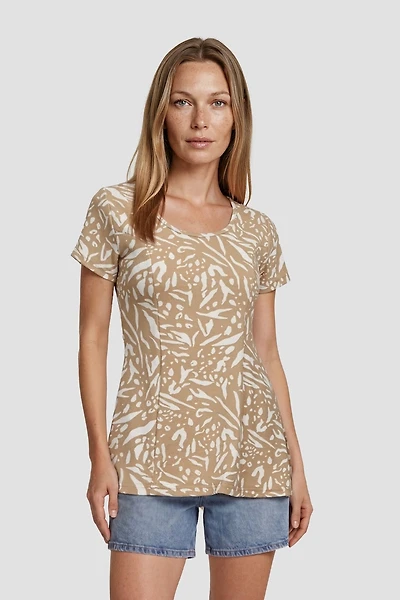 Short Sleeve Cinched Waist Printed Shirt - Camel