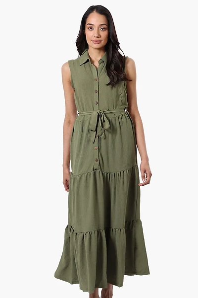 Stylexchange Belted Tiered Front Button Maxi Dress