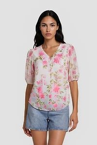 Flower Print Short Sleeve Top With Buttons - White