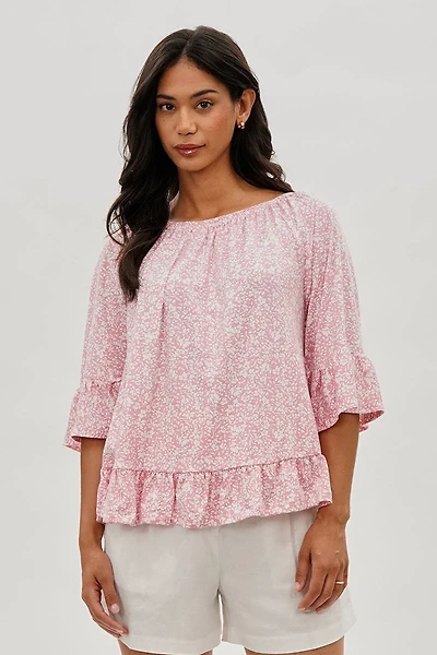 Floral Ruffle Hem Blouse - Pink