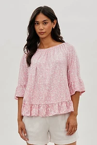 Floral Ruffle Hem Blouse - Pink