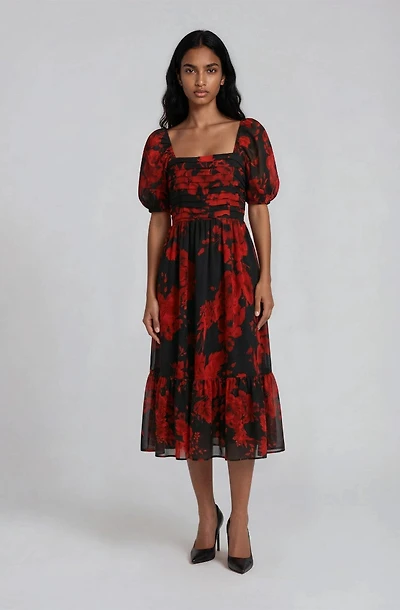 Pleated Puff Sleeve Dress - Red