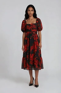 Pleated Puff Sleeve Dress - Red