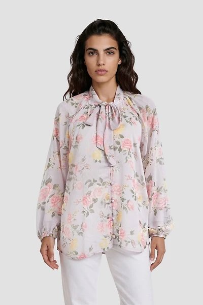 Long Sleeve Flower Print Tie Shirt - Blush